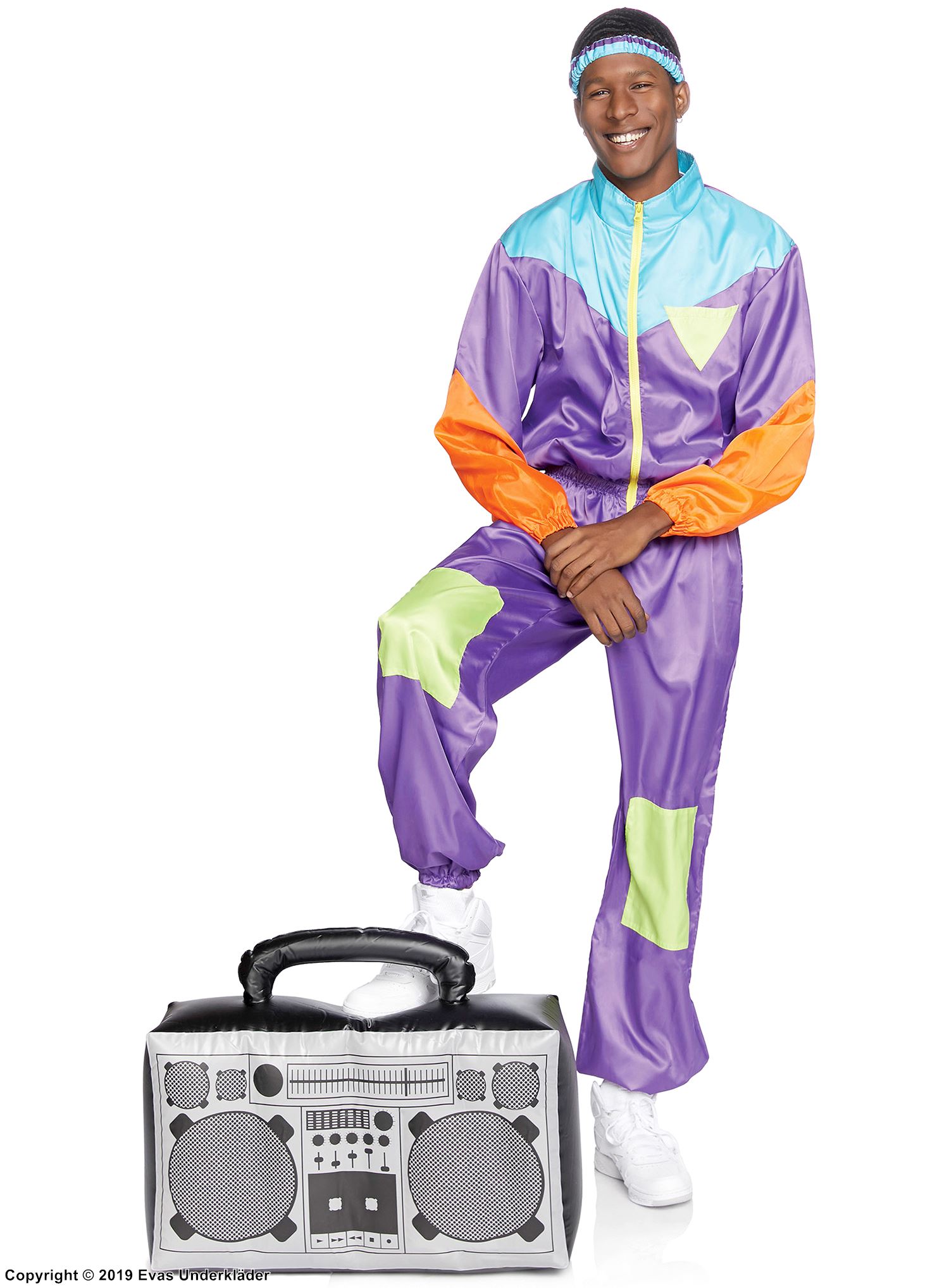 Men's 80s ski suit, costume jumpsuit, front zipper, colorful design